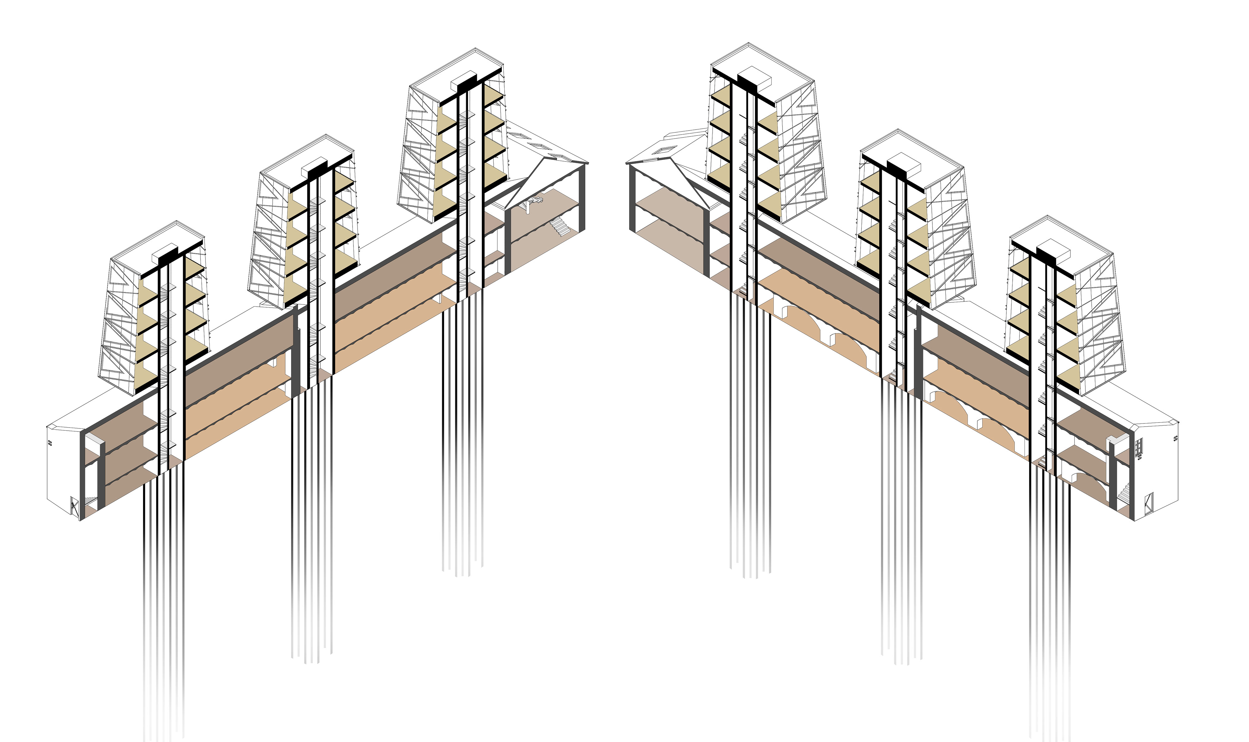 3D scheme of towers and piles