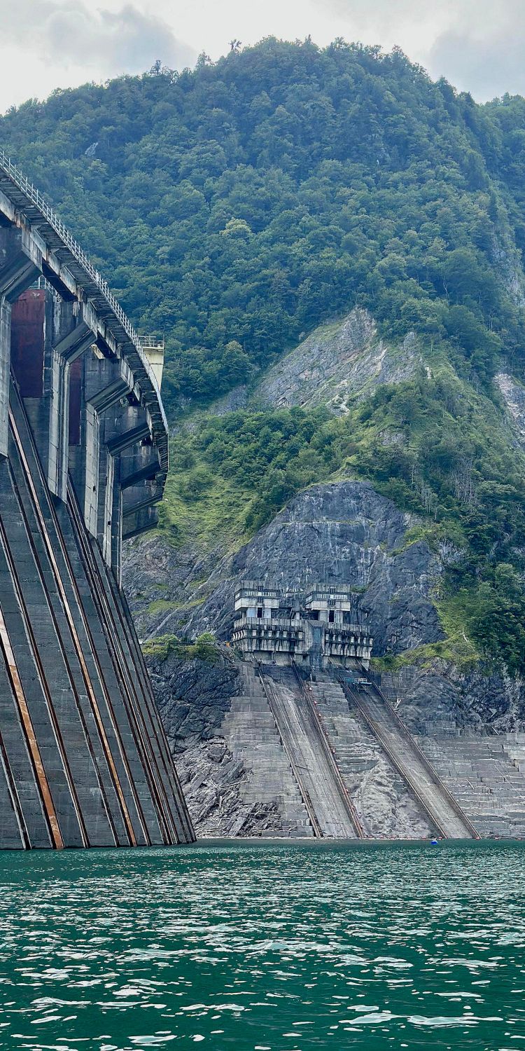 Behind the dam, at lower water